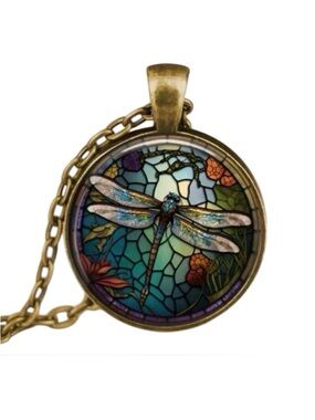 Stained Glass Style Dragonfly Pendant Necklace Boho Mystical 24” Chain NWT